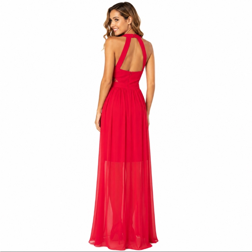 BCBGeneration Red Glamour Cutout Halter Chiffon EveningGown – Lace Detail Size 6 - Picture 2 of 12